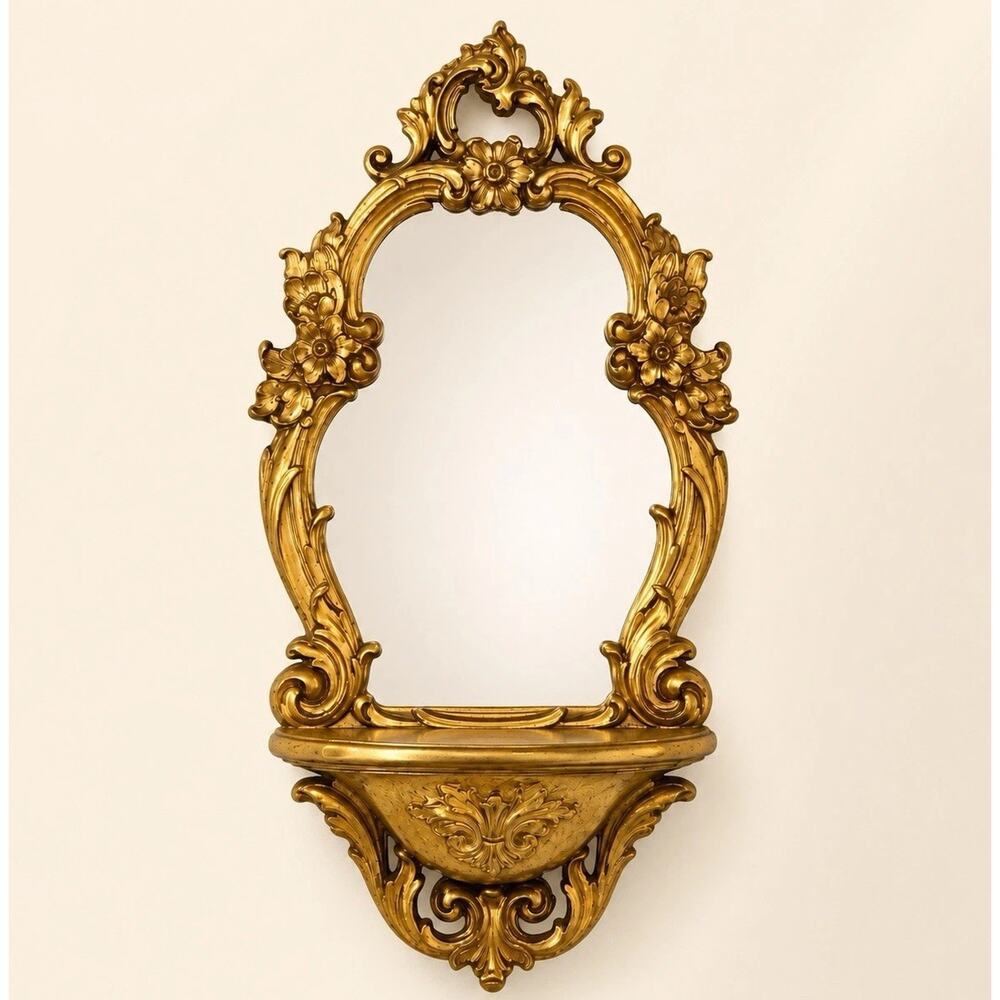 Vintage Syroco Gold Mirror Shelf Hollywood Regency Wall Decor